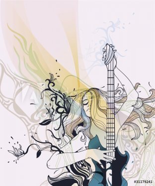 vector girl playing guitar on an abstract floral background - 900511166