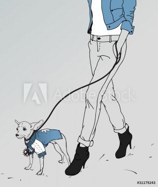 vector girl walking wih a little dog - 900511175