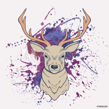 Vector grunge illustration of deer with watercolor splash