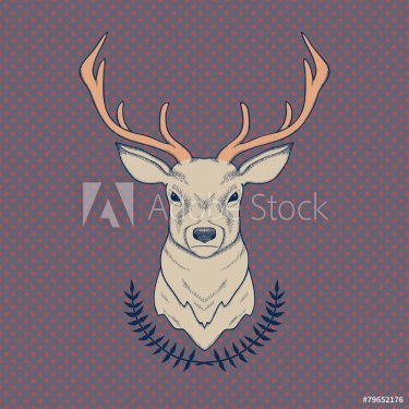 Vector hand drawn colorful illustration of deer and laurel - 901147732