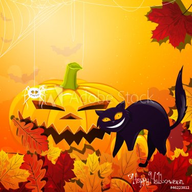 Vector Illustration of a Halloween Background with Cat
