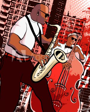 Vector illustration of a saxophonist and  bassist on grunge city - 900463983