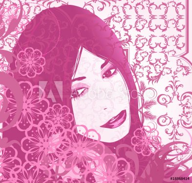 Vector illustration of a woman on floral pattern - 900472338