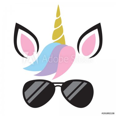 Vector illustration of cute unicorn face wearing sunglasses. - 901154649
