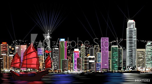 vector illustration of Hong Kong by night