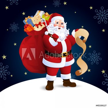 Vector Illustration of Santa Claus carrying sack full of gifts - 900954340