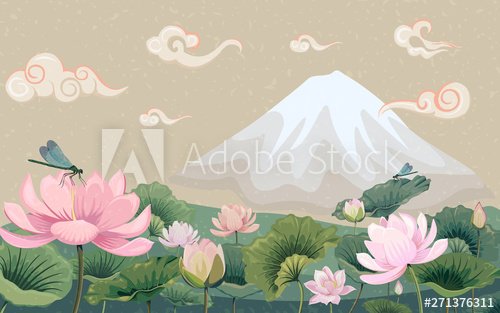 Vector illustration with lotuses and mountain.