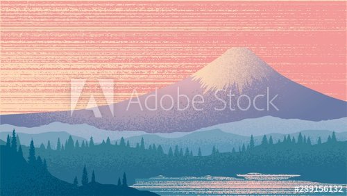 Vector illustration with Mount Fuji, sunset, japanese landscape - 901156253