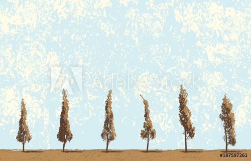 Vector landscape with trees in a field on blue sky background in grunge style. Seamless pattern of trees with leaves. Drawing pencil abstract sketches of trees