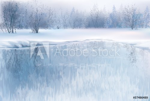 Vector of winter scene with river and forest background.