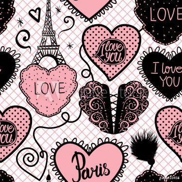 Vector Seamless pattern of hearts hand draw and the Eiffel tower. Cute black ... - 901151290