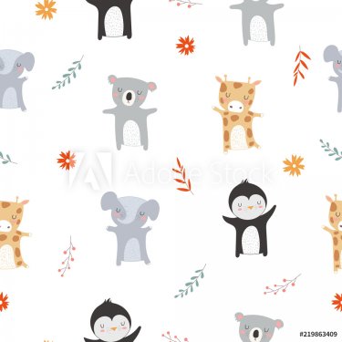 Vector seamless pattern with animals and autumn branch - 901151784