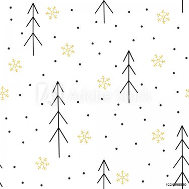 Vector seamless pattern with fir trees and gold snowflakes. - 901151868
