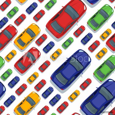 Vector seamless pattern with multicolor cars. Top view isolated car icons. Street traffic, parking, transport or car repair service concept. Design for print, wrapping, web backgrounds.