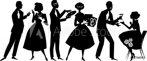 Vector silhouette of people dressed in 1950s fashion at the party, socializin... - 901149883