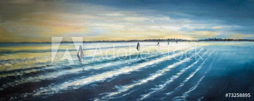 Venice lagoon at sunset painted by oil on a canvas. - 901153722