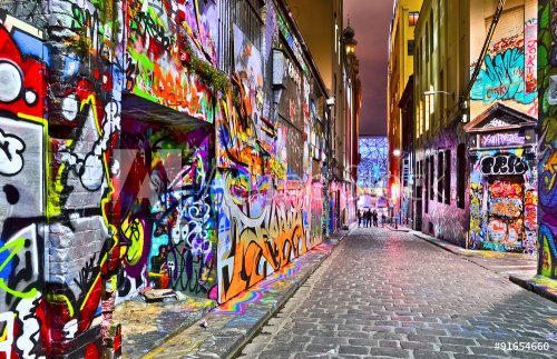 View of colorful graffiti artwork at Hosier Lane in Melbourne - 901153956