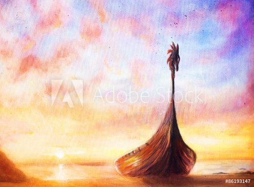 Viking Boat on the beach, painting on canvas, Boat with wood 