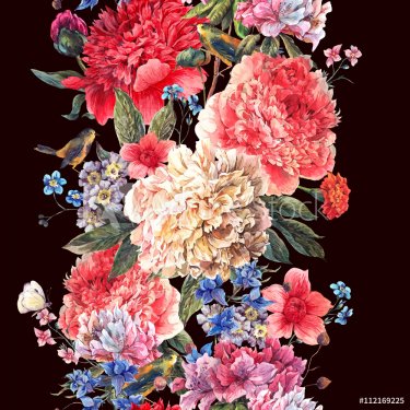 Vintage floral seamless watercolor peonies border - 901149297