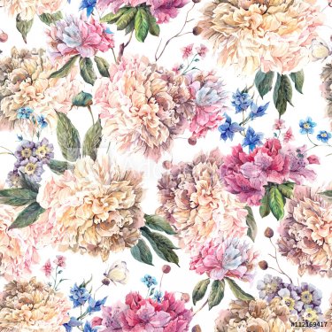 Vintage Floral Watercolor Seamless Pattern with White Peonies - 901148993