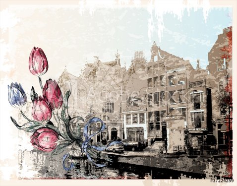 vintage illustration of Amsterdam street. Watercolor style.