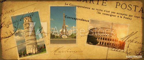 Vintage travel background with retro photos of european landmarks - 901154030