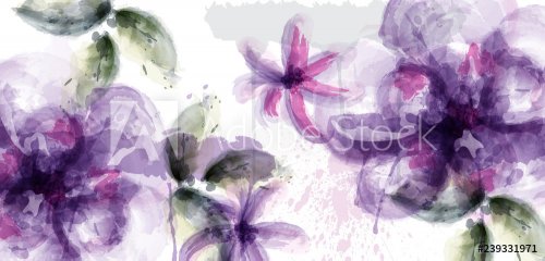 Violet flowers watercolor card Vector. Purple and delicate blooming decor. In... - 901154363