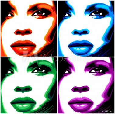 Viso Donna Pop Art-4 Colori-Stylized Woman Girl's Face -Vector - 900469174