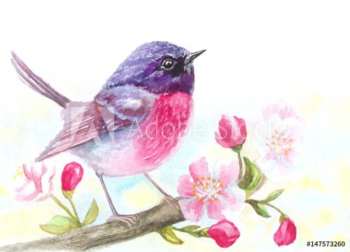 watercolor bird sitting on blossom flowers tree branch