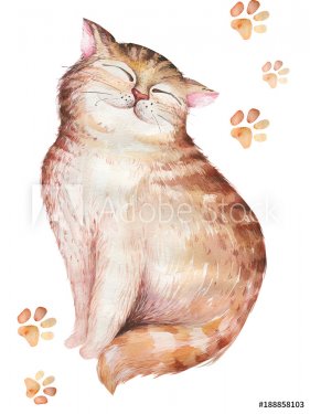 Watercolor cute isolated cat ilustration. Love cartoon cats character for valentine's card. Nursary art design.