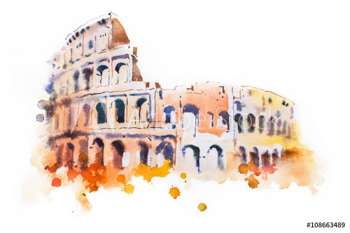 watercolor drawing of Coliseum in Rome. Hand drawn Italian sightseeing - 901153903
