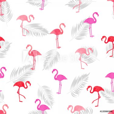 Watercolor Flamingo seamless pattern. Vector background design with pink and red flamingos.