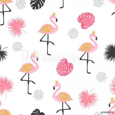Watercolor Flamingo seamless pattern. Vector background design with pink flam... - 901151549