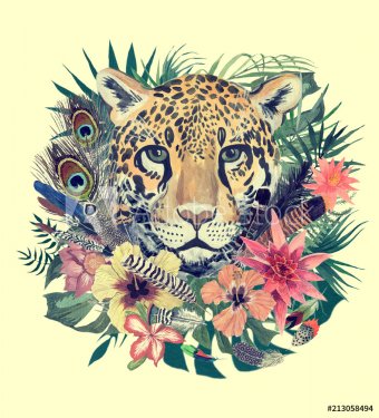 Watercolor hand drawn illustration with leopard head, flowers, leaves, feathers.