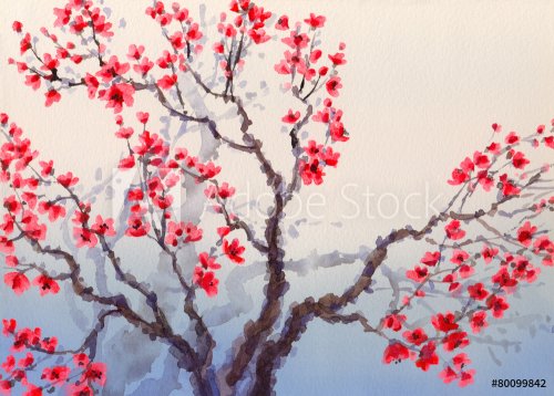 Watercolor landscape in Chinese style. Red flowers bloom on the - 901153882