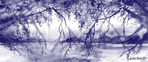 Watercolor monochrome tree branches river lake landscape - 901153892