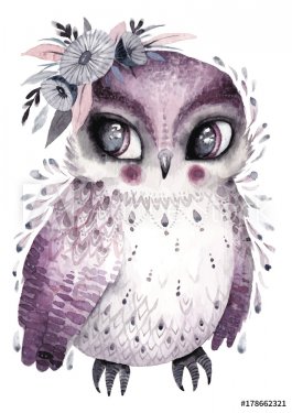 Watercolor owl with flowers. Hand drawn illustration with bird in boho style.... - 901153725