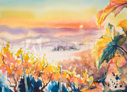 Watercolor painted illustration of Styrian Tuscany Vineyard at sunset,Austria  - 901153731