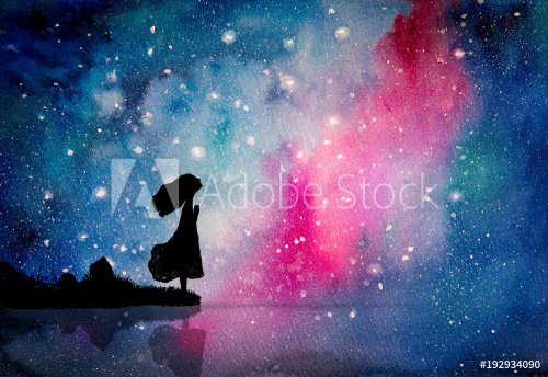 Watercolor painting of the girl pray to star for peaceful and hope in the dark night