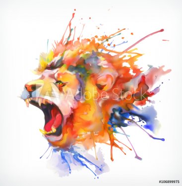 Watercolor painting. Roaring lion, vector illustration, isolated on a white b... - 901147718