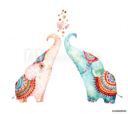 Watercolor pair of lovely elephants isolated on white background.