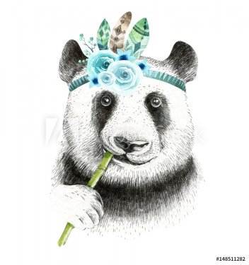 Watercolor panda illustration. Bohemian cute animal. Boho style. Nursary art print. Feathers collection