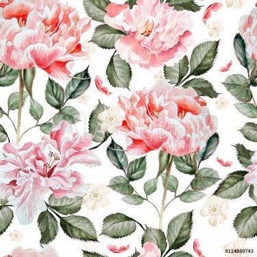 Watercolor pattern with peony and flowers. - 901154085