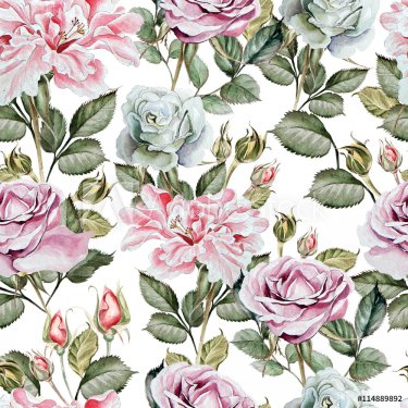 Watercolor pattern with peony and roses flowers. - 901154084
