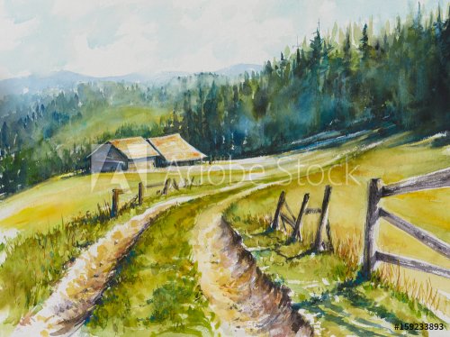Watercolor rural landscape. Beautiful green field, blue sky and road to the mountains.