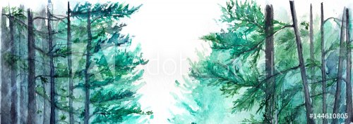 Watercolor turquoise winter wood forest pine landscape - 901153615