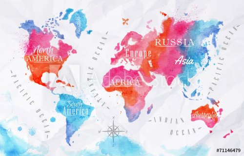 Watercolor world map pink blue - 901143889