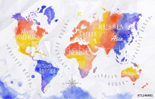 Watercolor world map red purple