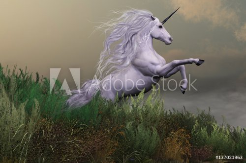 White Unicorn on Mountain - A white unicorn stallion rears up with power and ... - 901151517