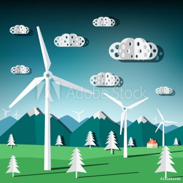 Wind Mills Vector. Flat Design Paper Cut Landscape with Windmills. - 901151284